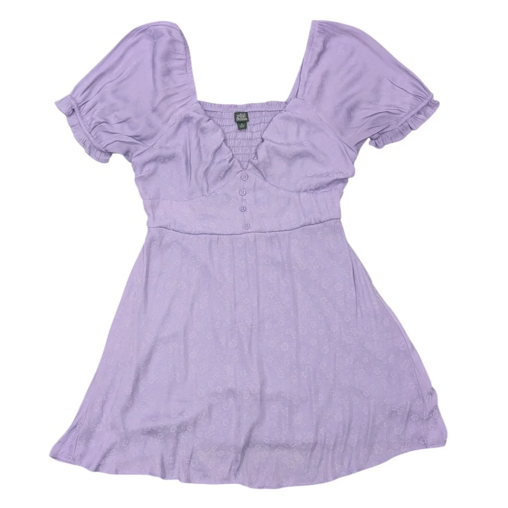Lavender Floral Fairycore Puff Sleeve‎ Babydoll Coquette Mini Dress Satin Like M